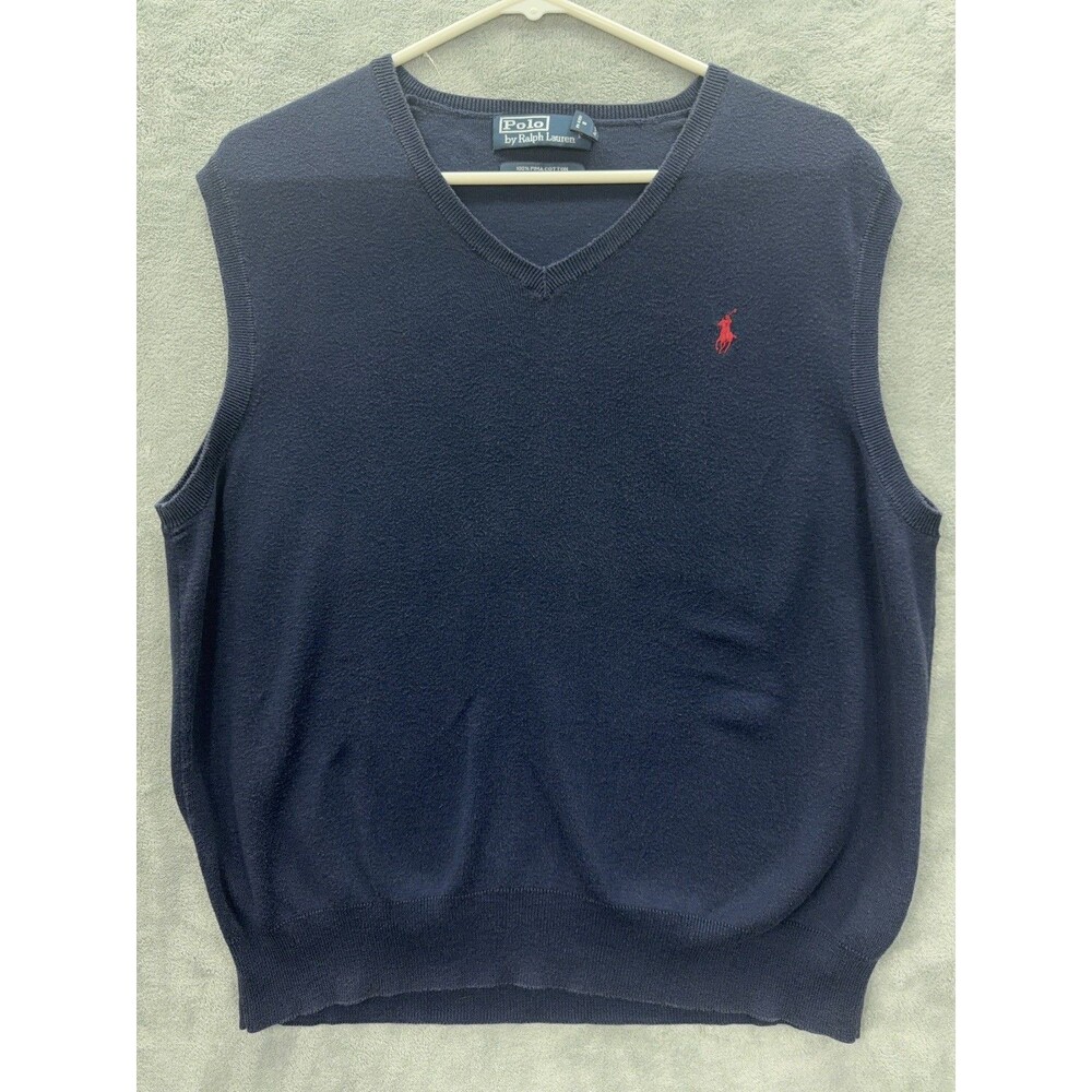 Polo Ralph Lauren Men's Blue V-Neck Cotton Knit Logo Pullover Sweater Vest M